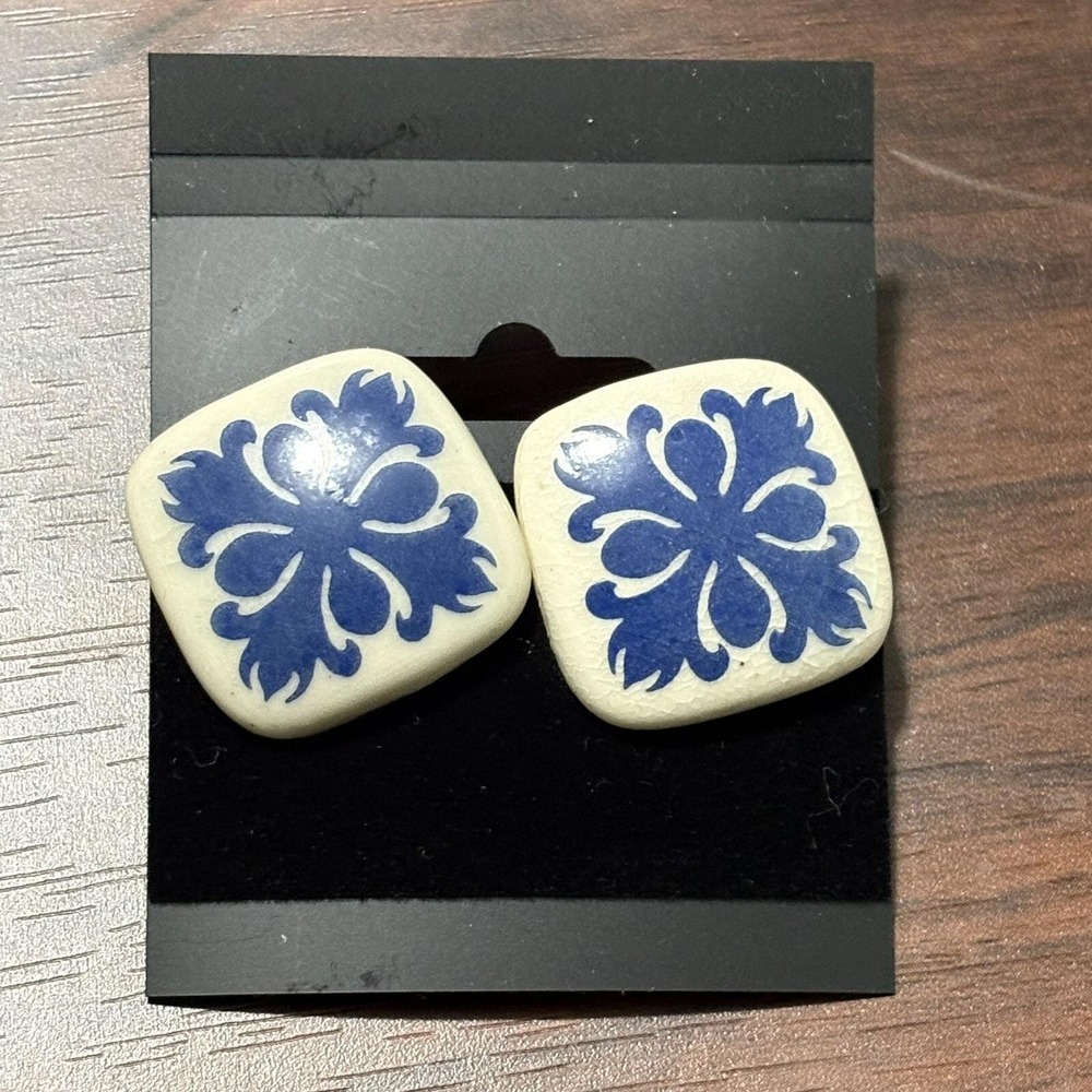 Vintage Blue Floral Tile Earrings Pierced Ceramic Look Boho Mod 80s Style